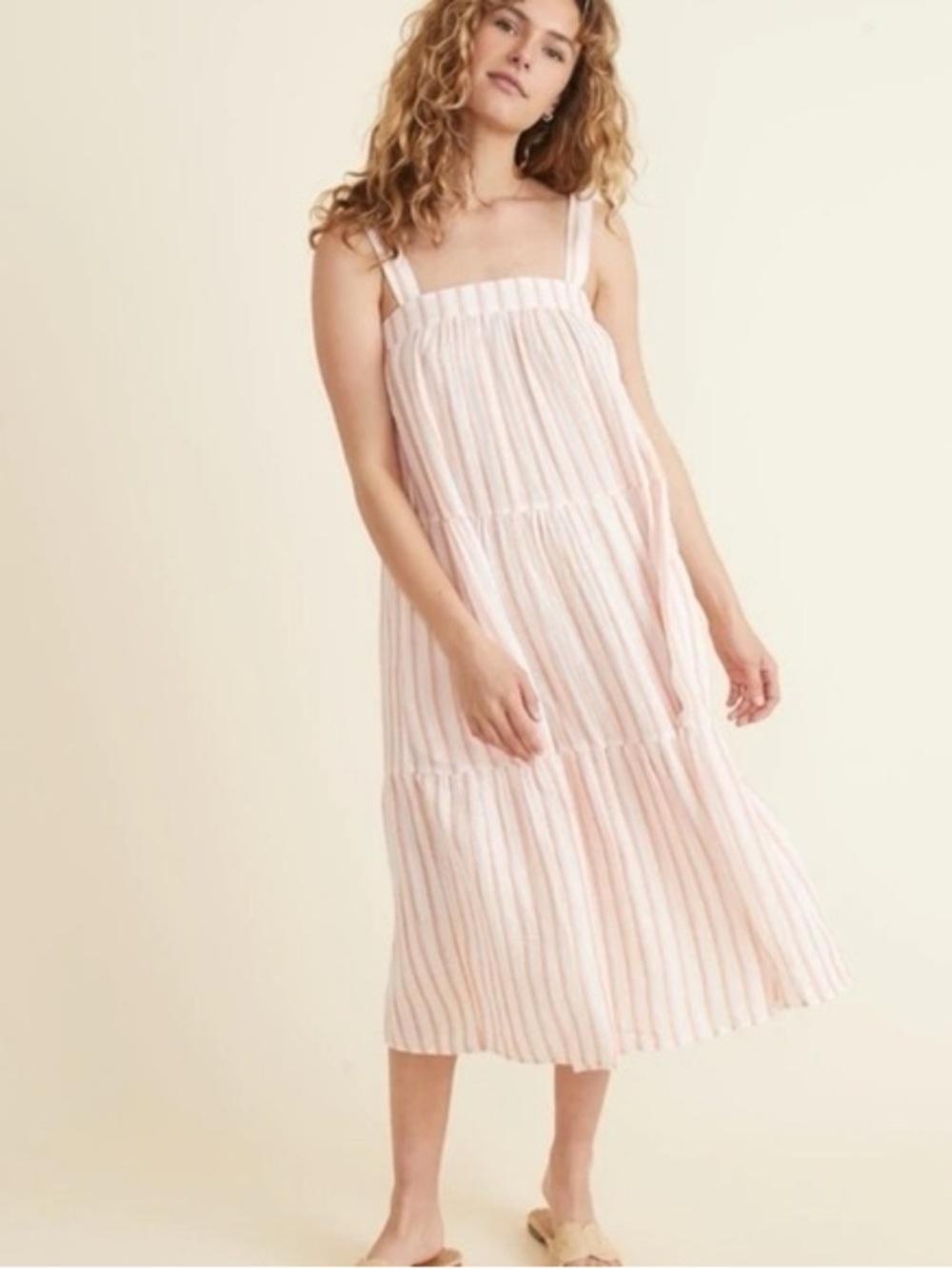 Marine layer Corinne Square Neck Midi Dress in Pink/Orange/White Size M